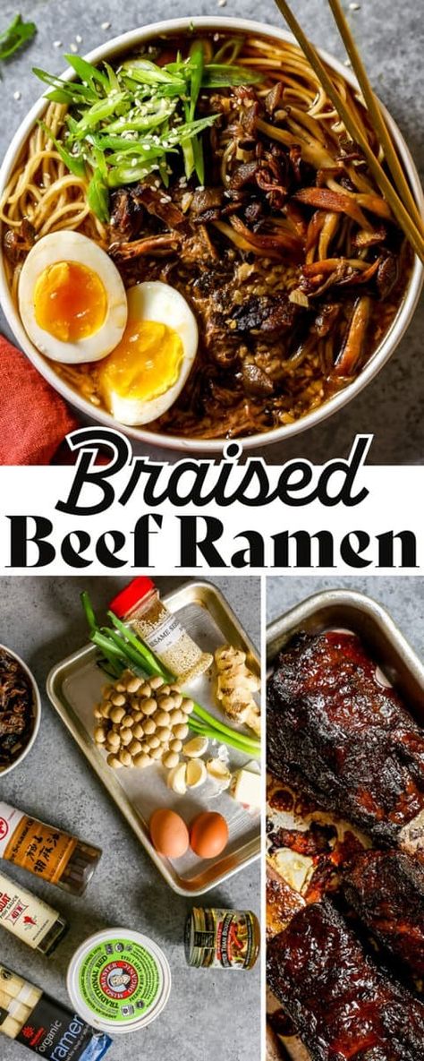 Enjoy the cozy and savory flavors of Beef Ramen made with braised beef short ribs, browned mushrooms and an ultra-savory broth. Top with jammy 6-minute eggs for the ultimate beef ramen at home. Shredded Beef Ramen, Mushroom Ramen Soup, Beef Ramen Noodle Recipes, Beef Ramen Recipe, Ramen Noodle Recipes Soup, Ramen At Home, Ramen Soup Recipes, Beef Ramen, Ramen Toppings