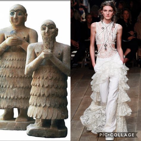 1.	Alexander McQueen 2016 2.	2500 B.C  a.	http://www.allempires.com/forum/forum_posts.asp?TID=31447 3.	Here you can see that Kaunakes have been reinvented for modern times and are shown on the runway. Ruffles have been around for many years and have the image of being young and flirty. The lengths were usually ankle length but now come in all lengths. Ancient Mesopotamia Fashion, Kaunakes Mesopotamia, Sumerian Fashion, Mesopotamian Fashion, Sumerian Clothing, Mesopotamia Fashion, Alexander Mcqueen 2016, Ancient Egyptian Fashion, Egyptian Fashion