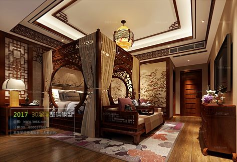 M053 – 3D66 2017: A. HOUSE SPACE : 03. BEDROOM: 03. CHINESE STYLES | THƯ VIỆN 3D MAX Chinese Inspired Bedroom, Traditional Chinese House Interior, Chinese Interior Design Modern, Chinese House Interior, Chinese Style Bedroom, Asian Inspired Bedroom, Chinese Homes, Traditional Chinese House, Hotel Room Design Plan