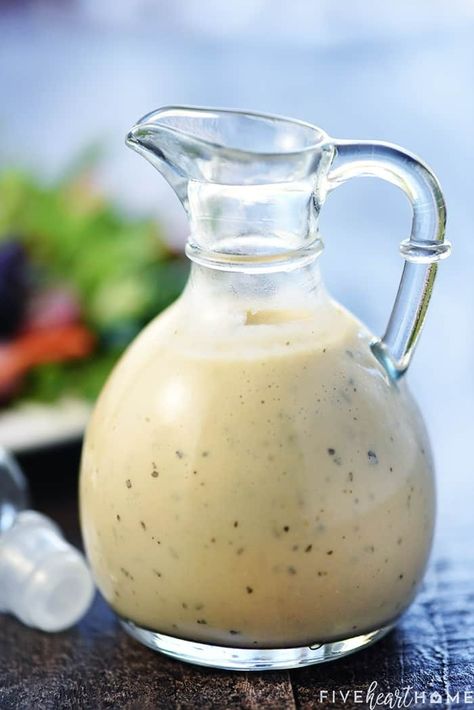 Homemade Creamy Italian Dressing ~ zesty, flavorful, and easy to make...a delicious topping for a crisp green salad or your favorite pasta salad! | FiveHeartHome.com Authentic Italian Dressing, Creamy Italian Dressing Recipe, Homemade Creamy Italian Dressing, Favorite Pasta Salad, Italian Dressing Recipe, Creamy Italian Dressing, Healthy Italian Recipes, Italian Dressing Recipes, Homemade Italian Dressing