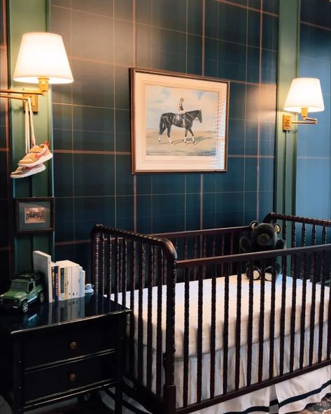 An Equestrian-Inspired NYC Boy’s Nursery with Tartan Plaid Wallpaper | Cubby Page Edit, Nursery Interior, Plaid Wallpaper, Nursery Room Design, Baby Room Inspiration, Nursery Room Inspiration, Baby Room Design, Nursery Baby Room, Big Boy Room