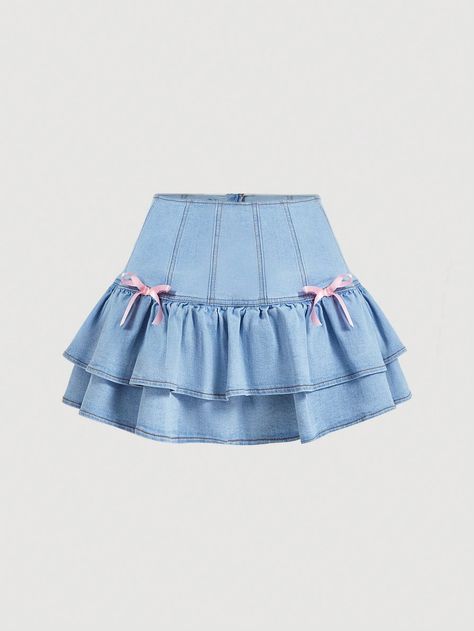 Women's Summer Casual Denim Skirt With Bow Decoration And Ruffle Hem Light Wash Cute   Denim Plain Layered/Tiered High Stretch  Women Clothing, size features are:Bust: ,Length: ,Sleeve Length: Kawaii, Denim Skirt, Denim Skirt With Ruffles, Cute Blue Clothes, Casual Denim Skirt, Denim Pleated Skirt, Skirt With Bow, Bow Skirt, Denim Skirt Women