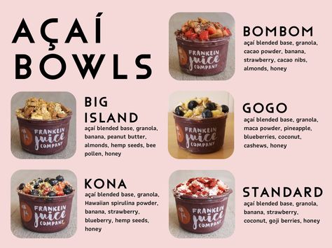 Smoothie Bowl Menu Design, Acai Bar Ideas, Healthy Cafe Menu Ideas, Smoothie Bar Ideas Design, Acai Bar Design, Acai Cafe Design, Acai Bowl Shop Design, Acai Bowl Branding, Smoothie Bowl Business