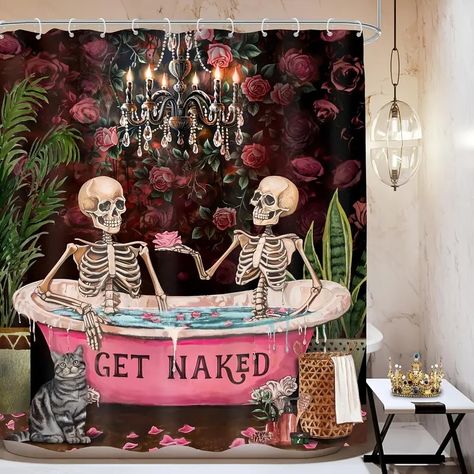 Gothic Skeleton Shower Curtain Funny Get Naked Design - Temu Baie Vintage, Pelottava Halloween, Skull Couple, Unique Bathroom Decor, Butterfly Shower Curtain, Halloween Bathroom, Bathroom Shower Curtain Sets, Shower Style, Rose Skull