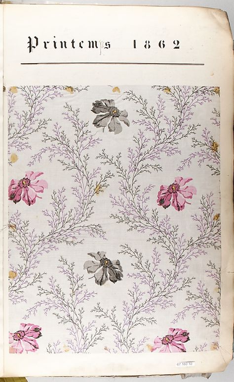 French textile, Spring 1862. Textile Sample Book, MET Buch Design, Pastel Decor, Antique Fabrics, Print Inspiration, Old Book, Vintage Textiles, Textile Patterns, Textile Prints, Metropolitan Museum Of Art