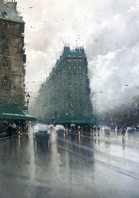 Joseph Zbukvic - Principle Gallery Impressionist Watercolor, Joseph Zbukvic, Watercolor Architecture, Watercolor Landscape Paintings, On A Rainy Day, A Rainy Day, Watercolor Artist, In The Rain, Artist Painting