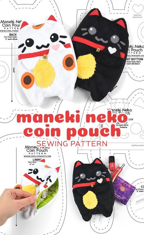 Anime Activities, Pouch Sewing Pattern, Pouch Sewing, Pola Amigurumi, Plushie Patterns, Sewing Stuffed Animals, Sew Ins, Plush Pattern, Maneki Neko