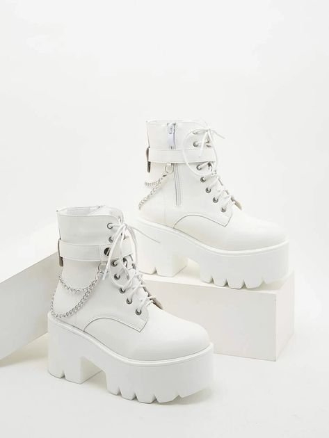 Chain & Studded Decor Lace-up Boots | SHEIN USA Cute Shoes Heels, Kawaii Shoes, Fancy Shoes, Girly Shoes, White Shoes Women, Boots Women Fashion, Swag Shoes, Womens Mid Calf Boots, White Boots