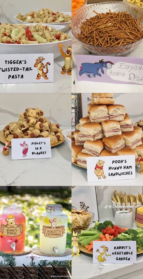 Winnie The Pooh Party Foods, Pooh One Year Birthday, Winnie The Pooh Menu Ideas, Winnie Pooh Food Ideas, Winnie The Pooh Sprinkle, Boy Baby Shower Themes Winnie The Pooh, Weenie The Pooh Baby Shower Treats, Winne The Pooh Gender Reveal Party, Winnie Pooh 1st Birthday Party