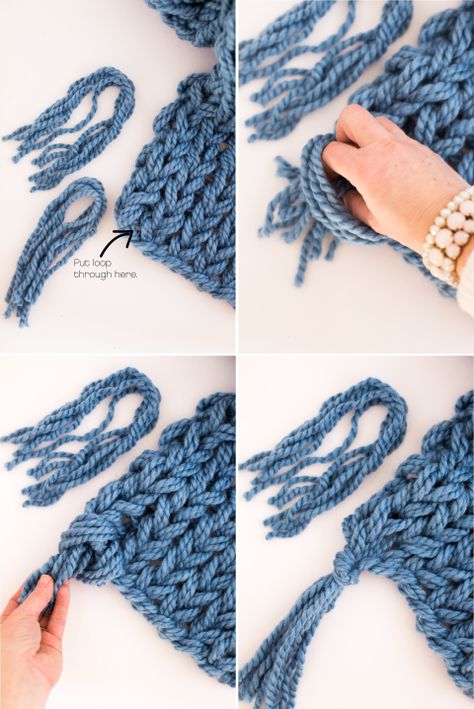 arm knit tassel scarf instruction                                                                                                                                                     More Arm Knit Scarf, Arm Knitting Scarf, Loom Scarf, Arm Knit, Arm Knitting Blanket, Scarf With Tassels, Finger Crochet, Crazy Quilting, I Cord