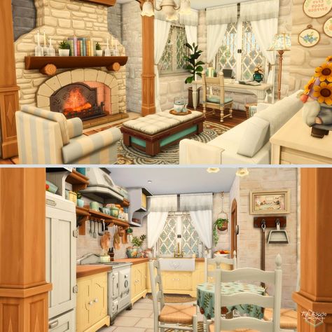 Sims 4 Cottage Kitchen Ideas, Sims Cottage Kitchen, Sims 4 Living Room Aesthetic, Sims 4 Cottage Living House Interior, Sims 4 Cottage Living Kitchen, Sims 4 Cottage Aesthetic, Sims Cottage Living Cc, Sims 4 Storybook House, Sims 4 Cottage Living House Plan