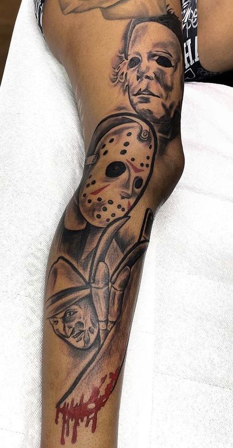 Horror Film Tattoo Sleeve, Scary Movie Leg Sleeve, Chucky Tattoo On Leg, Horror Movie Tattoos Ideas Sleeve, Killers Kill Tattoo, Horror Half Sleeve Tattoo, Hype Beast Tattoo, Dope Men Tattoos, Scary Movie Tattoos Sleeve