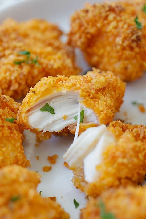 Tortilla Chip-crusted Chicken Bites - coated with crispy tortilla chips and baked to perfection. 10 minutes active time and dinner is ready! | rasamalaysia.com Tortilla Chip, Recipe Notebook, Tailgating Recipes, Burger Bar, Crusted Chicken, Chicken Bites, Tortilla Chips, Chicken Dishes, Fried Chicken