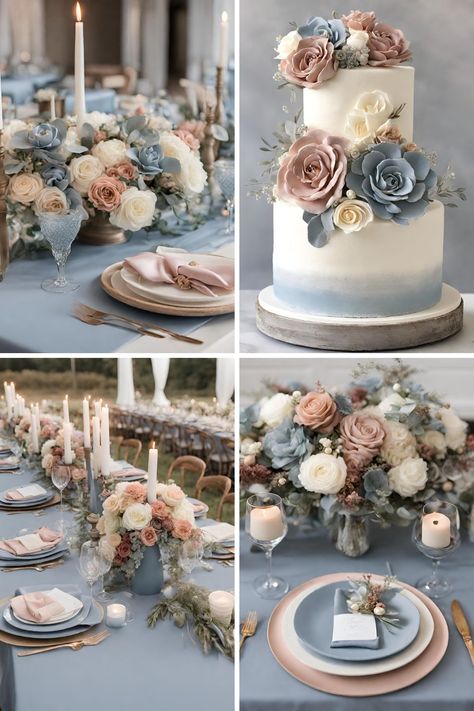 Beautiful Dusty Rose and Dusty Blue Wedding Color Ideas to Help Inspire You - Francisca's Bridal Winter Pastel Palette, Ash Blue Wedding, Unique Wedding Color Schemes Spring, Rose And Dusty Blue Wedding, Blue Wedding Color Palette, Wedding Color Palette Ideas, Rose Wedding Theme, Wedding Theme Color Schemes, Blue And Blush Wedding