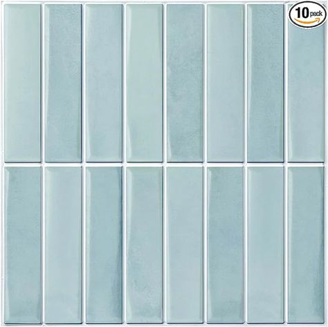 Blue Finger Tiles Bathroom, Blue Vertical Tile Bathroom, Sticky Tile Backsplash, Mosaic Bathroom Ideas, Blue Mosaic Bathroom, Blue Kitchen Tile, Vertical Blue Tile, Blue Wall Tile, Smart Tiles Backsplash