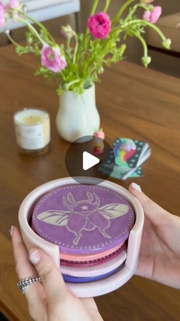 298K views · 25K likes | BUGPICNIC on Instagram: "coaster set for the lovely mica @sangredelcielo <3 i had so much fun with this and can’t wait to make more!!!  also peep the beautiful cup by @refiningcurves at the end 🤭 #ceramics #pottery #wheelthrown #handmade #coasters #stonewareclay #artist #smallbusiness" Air Dry Coasters, Ceramic Coasters Handmade, Creative Ceramics Ideas, Diy Ceramic Coasters, Clay Coasters Diy, Coasters Pottery, Ceramics Coasters, Clay Coaster, Clay Coasters