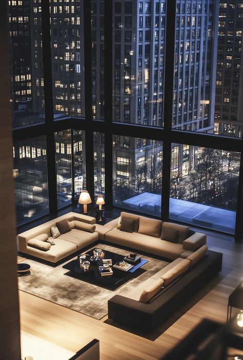 Nighttime Penthouse Elegance - Vave BG Penthouse Modern Interior Design, Nyc Penthouse Aesthetic Old Money, Black Penthouse Aesthetic, Korean Penthouse Luxury, Penthouse New York Manhattan, Houston Penthouse, New York Penthouse Luxury, Nyc Penthouse Aesthetic, Modern Penthouse Interior