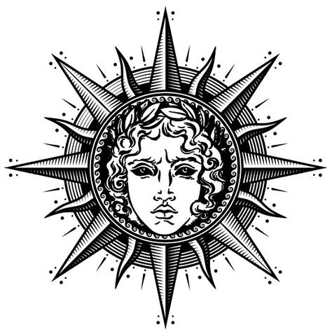 Apollo Sun God Symbol Greek Apollo Tattoo, Apollo God Tattoo, Apollo Sun Tattoo, Apollo Tattoo Symbols, Apollo Tattoo Greek God, Apollo Tattoos, Apollo Illustration, Sun God Tattoo, Sun God Art