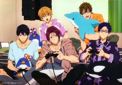 Haruka, Rin, Makoto, Rei, Nagisa, playing, video games, gaming, funny, orca, killer whale, shark, penguin, dolphin, stuffed toys, butterfly; Free! Free Swim Club, Zombie Tsunami, Swimming Anime, Rin Matsuoka, Free Eternal Summer, Ouran Host Club, Splash Free, Free Iwatobi Swim Club, Kyoto Animation