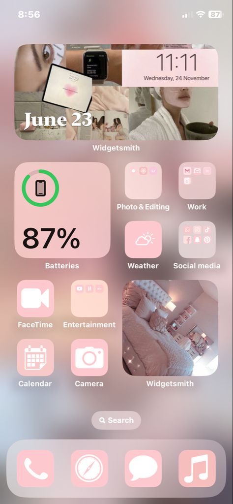 Pink Phone Decoration, Iphone Inspo Home Screen Pink, Home Screen Layout Iphone Aesthetic Pink, Iphone Screen Aesthetic Ideas, Pink Ios 16 Ideas, Cute Themes For Phone App, Organized Phone Screen Aesthetic, Pink Iphone Aesthetic Home Screen, Decorating Iphone Home Screen