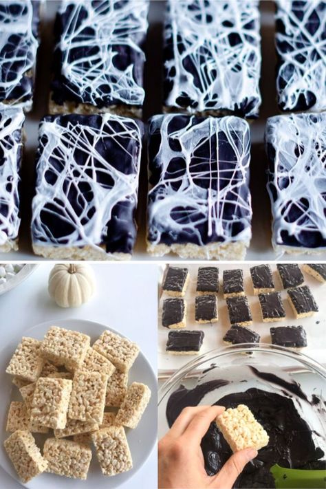 Spider Web Rice Crispy Treats, Diy Halloween Rice Crispy Treats, Spiderweb Rice Krispie Treats, Halloween Rice Krispy Treats Ideas, Skull Rice Crispy Treats, Halloween Spider Food Ideas, Halloween Crispy Treats, Halloween Rice Crispy Treats Ideas, Halloween Rice Krispie Treats Ideas Easy