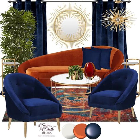 Blue Sofa Orange, Blue And Orange Aesthetic Room Decor, Mustard Rust Blue Living Room, Navy Blue And Orange Living Room Decorating Ideas, Orange Color Palettes Living Room, Orange Sitting Room Ideas, Navy Blue Orange Living Room, Burnt Orange Sofa Decor, Living Room With Orange Sofa