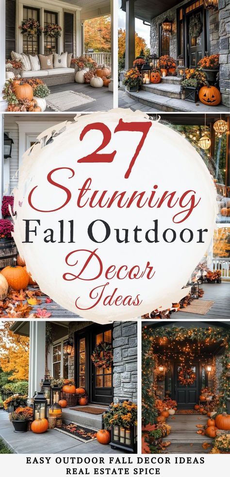 Transform your porch, patio, or any outdoor area into a stunning space with my top fall outdoor decorating ideas and styling tips. I show you how to use seasonal flowers and rich foliage to add color and warmth. Discover creative ways to incorporate lanterns, candles, and string lights to enhance the ambiance. From planters to pathways, every detail is covered for fall beauty. Be inspired and create a stunning fall space you and your guests will love! RealEstateSpice.com #FallDecoratingIdeas Fall Patio, Outdoor Fall Decor Ideas, Fall Front Door Decor, Pumpkin Display, Fall Front Porch Decor, Fall Decor Ideas, Fall Front Porch, Fall Outdoor Decor, Fall Decorations Porch