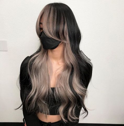 Two Toned Hair Highlights, Half Black Half Light Brown Hair, Hair Color Ideas For Brunettes Two Tone, Two Toned Hair Brunette, Dark Two Tone Hair, Two Tone Black And Blonde Hair, Two Toned Long Hair, Dual Tone Hair Color, Black Hair With Light Brown Underneath