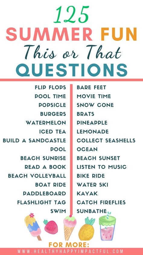 Free PDF Printable! 124 Summer Fun THIS OR THAT QUESTIONS Pool Games For Kids, Questions For Kids, Summer Camp Games, Iced Tea Lemonade, Fun Questions, Fun Questions To Ask, Pool Games, Summer Games, Camping Games