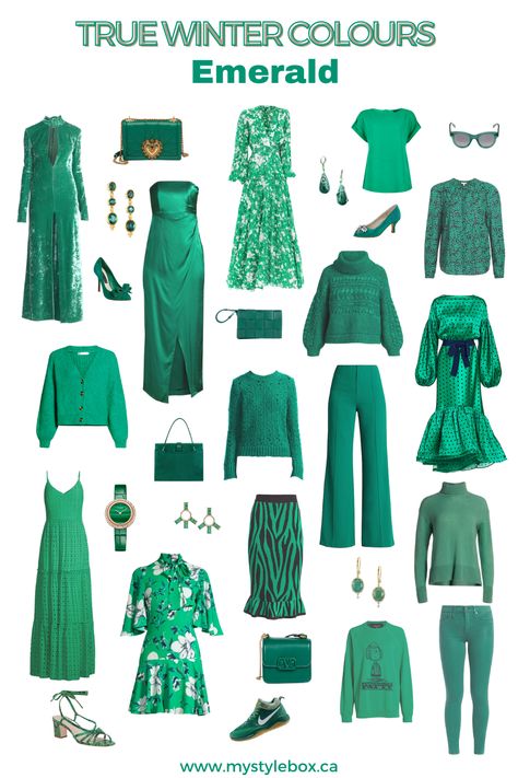 Emerald Winter Outfit, Cold Winter Color Type, Cool True Winter Outfits, True Winter Outfit Ideas, True Winter Clothing, True Winter Jewelry, Cold Winter Palette Outfit, Winter House Of Colour Outfits, Colour Winter Outfit