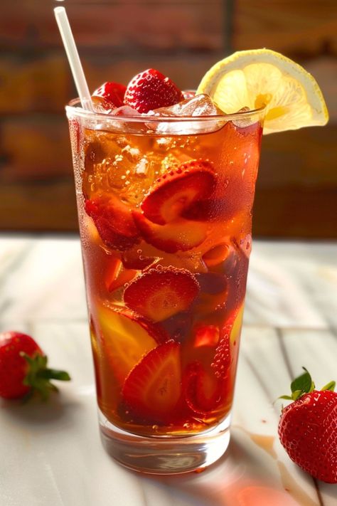 Strawberry Iced Tea Recipe - Delicious & Refreshing! Iced Fruit Tea, Drinks Aesthetic Non Alcoholic, Ice Tea Aesthetic, Iced Tea Aesthetic, Drink Nonalcoholic, Cafe Beverage, Lilith Aesthetic, Ice Tea Recipe, Strawberry Iced Tea