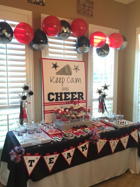 TEAM DARE Cheerleading Kickoff Party | CatchMyParty.com Cheer Sleepover Ideas, Cheerleading Themed Birthday Party, Cheerleader Party Ideas, Cheer Party Ideas, Cheer Birthday Party Ideas, Cheerleading Party Decorations, Cheerleading Banquet, Cheerleader Birthday Party, Cheerleading Birthday