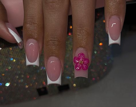 Black French Flower Nails, Nails With Fake Flowers, 3d Flower Nails Long Square, French Nail Designs Flower, White Nail Designs With Flowers, French With 3d Flower Nails, French Tip With Blooming Gel, Short Flower Acrylic Nails, French Tip Nails With 3d Flower