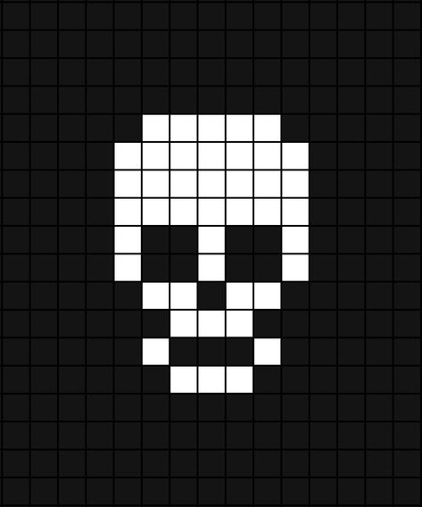 A small pixel art template of a clean white skull with its jaw attached. Minecraft Skeleton Pixel Art, Easy Halloween Pixel Art, Halloween Crochet Ideas Easy, Skull Pixel Art Grid, Clown Pixel Art, Halloween Pixel Art Grid, Small Pixel Art Grid, Emo Pixel Art, Skeleton Pixel Art