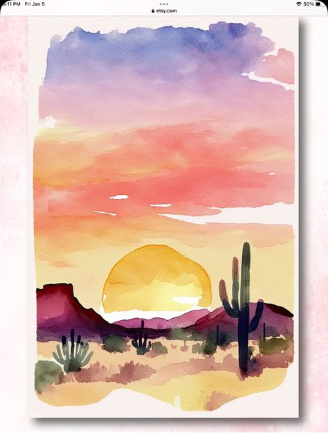 Watercolor Pencil Art Mountains, Watercolor Paint Night Ideas, Watercolor Italy Landscapes, Watercolor Desert Sunset, September Watercolor Paintings, Watercolor Painting For Boyfriend, Cactus Painting Watercolors, Landscape Ideas Painting Watercolor, Painting Landscape Watercolor