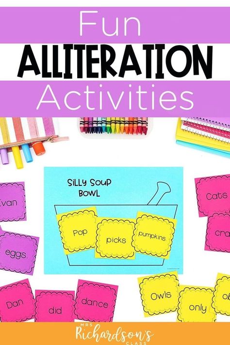 Teaching Alliteration, Alliteration Anchor Chart, Alliteration Activities, Improve Reading Skills, Kindergarten Anchor Charts, Phonological Awareness Activities, Sentence Activities, Rhyming Activities, Teaching Posters