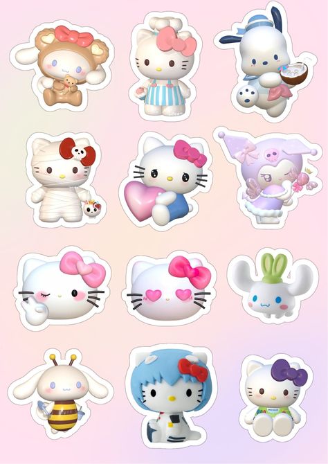 Hello Kitty Sticker Template, Stickers Sanrio Printable, 3d Sanrio Stickers Printable, Sanrio Sticker Template, Kawaii Scrapbook Stickers, Printable Sanrio Stickers, 3d Sanrio Stickers, Sanrio Scrapbook Ideas, Hello Kitty Printables Stickers