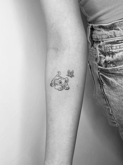 Simple Lion King Tattoo, Lion King Small Tattoo, Lion King Matching Tattoos, The Lion King Tattoo Ideas, Small Lion King Tattoo, Minimalistic Disney Tattoo, Simba Tattoo Lion King, Lion King Tattoo For Women, Lion Small Tattoo