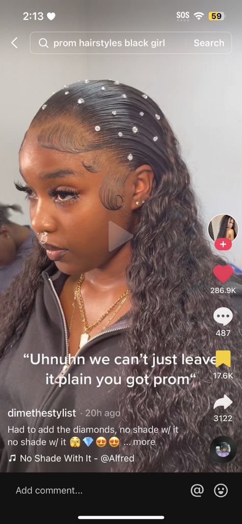 Hair Gems Black Women, Slick Back With Rhinestones, Prom Dress Accessories Ideas, Diamonds In Hair Black Women, Prom Frontal Hairstyles, Prom Hairstyle Black Women, Senior Year Hairstyles, Hoco Hairstyles Black Hair, Rhinestone Hair Black Women