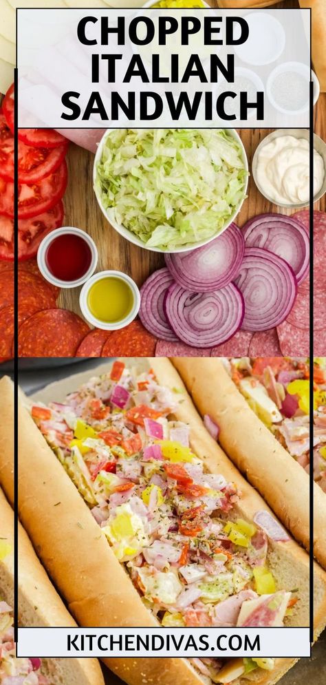 Collage of overhead shot of chopped Italian sandwich ingredients at top and overhead shot of chopped Italian sandwich at bottom. Margherita Pizza Recipe Easy, Chopped Salad Sandwich, Pepperoni Sandwich, Chopped Italian Sandwich, Chopped Sandwich, Salami Recipes, Salami Sandwich, Pepperoni Recipes, Club Sandwich Recipes