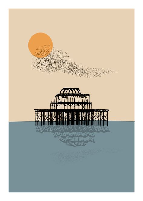 Brighton illustration print Brighton Tattoo Ideas, Brighton Aesthetic, England Illustration, Bristol Illustration, Brighton Illustration, Brighton West Pier, Cornwall Illustration, Decorative Illustration, Uni House