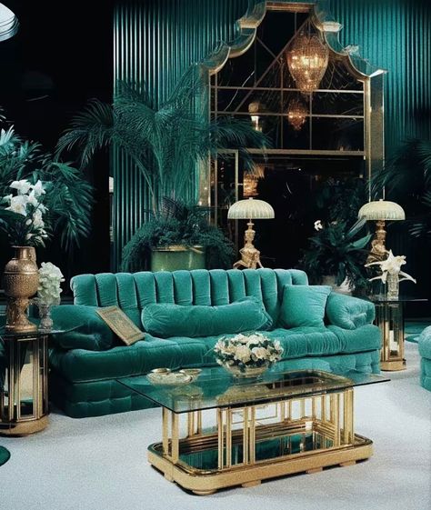 70s Hollywood Interior, Old Hollywood Mansion, 60s Movie Theater, 60s Hotel, Tv Coffee Table, Loft Bed Design, 70s Green Couch, Room Decor Minecraft, Cottage Core Living Room