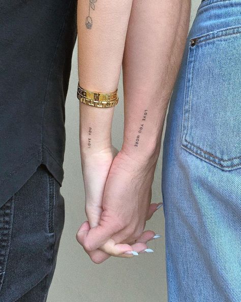 Love You More Tattoo, Couple Wrist Tattoos, Infinity Couple Tattoos, Love Yourself Tattoo, Couple Matching Tattoo, Cool Wrist Tattoos, Couples Tattoo Designs, Wrist Tattoos For Guys, Petite Tattoos