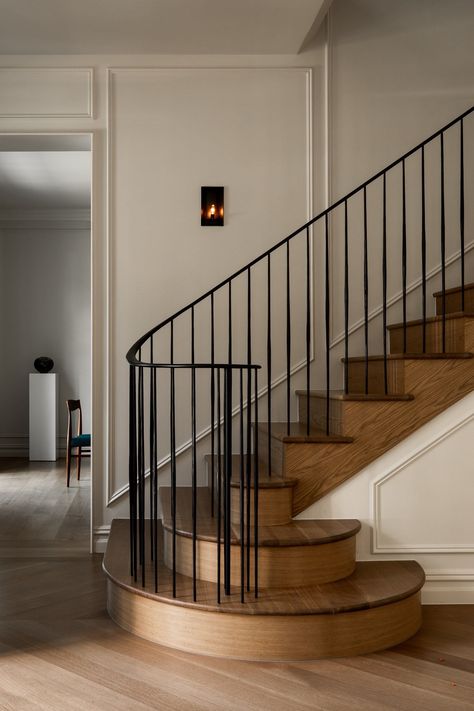 Contrast Stairs And Floor, Entry With Staircase, Feature Entry Wall, Classic Modern Staircase, Millwork Staircase, Metal And Wood Stairs, Traditional Stairs, Modern Traditional Stair Railing, Modern European Staircase