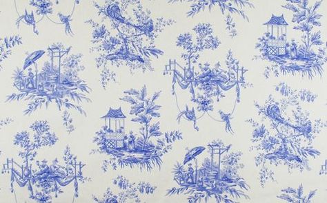 Blue Cream Asian Toile Fabric Summer Hill Paradiso Periwinkle Creme | eBay - $22/YD, 9 avail Waverly Wallpaper, Toile Wallpaper, Toile Pattern, French Country Bedrooms, French Toile, Blue Toile, Toile Fabric, Country Bedroom, York Wallcoverings