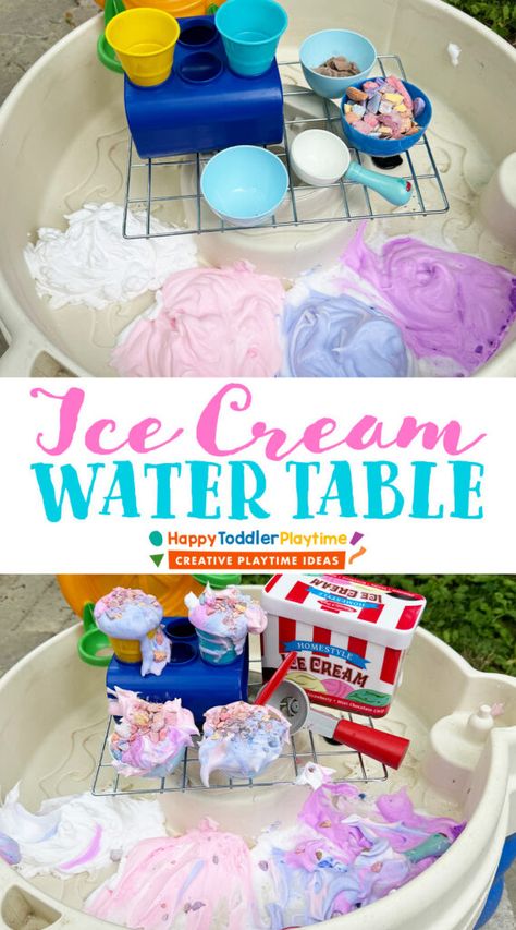 Ice Cream Water Table - Happy Toddler Playtime Toddler Water Play Ideas, Water Table Ideas For Toddlers, Water Table Ideas, Water Table Activities, Easy Kid Activities, Play Based Learning Activities, Easy Toddler Activities, Baby Learning Activities, Baby Activities