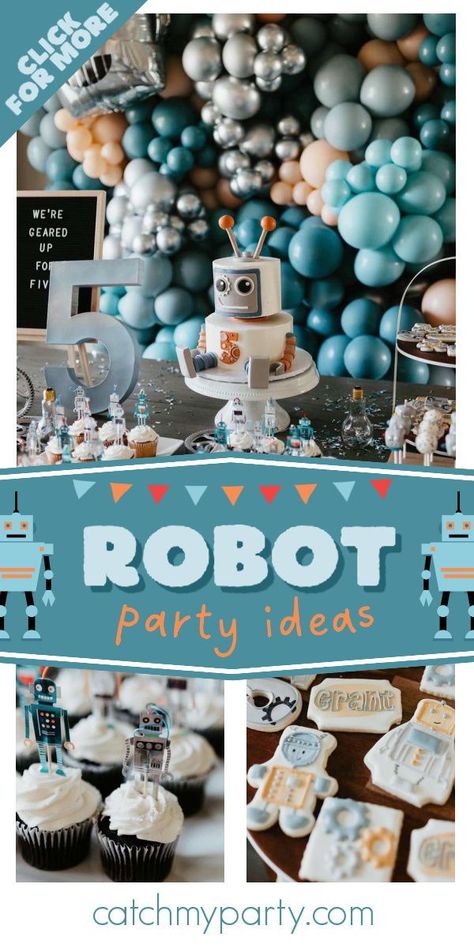 Space Robot Birthday Party, Wild Robot Birthday Party, Robot Food Ideas, Robot Birthday Party Cake, Robot Birthday Ideas, Robot 2nd Birthday Party, Robot Birthday Party Food, 3 Rd Birthday Party Ideas Boy Themes, Robots Birthday Party