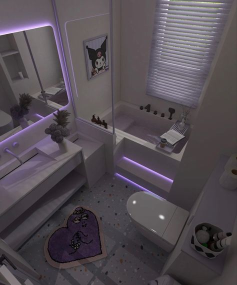 Glass Shower Bathroom Ideas, Purple Aesthetic Bathroom, Kpop Bathroom, Dream Apartment Decor Bathroom, Dream Apartment Decor Bedroom, Y2k House Decor, Kuromi Bathroom, Anime Bathroom, Room With Bathroom