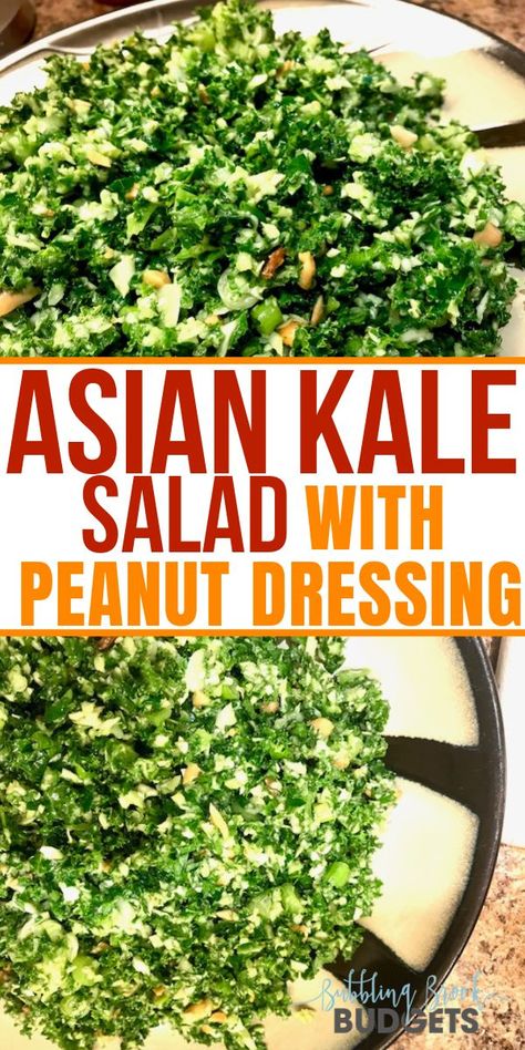 This Asian kale salad recipe is so easy to make and tastes amazing! Tastes like one of my favorite Thai dinner salads at my favorite restaurant. It has a yummy peanut salad dressing. Delicious! Thai Peanut Salad Dressing, Asian Kale Salad, Peanut Salad Dressing, Asian Kale, Cabbage And Kale, Thai Peanut Salad, Thai Dinner, Salad Recipes For Parties, Potluck Salad