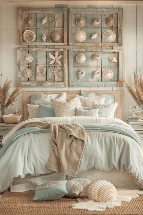 Boho Bedroom Art, Bedroom Art Ideas, Modern Coastal Bedroom Ideas, Boho Coastal Bedroom, Coastal Bedroom Ideas, Modern Coastal Bedroom, Headboard Inspiration, Bohemian Bedroom Design, Beachy Room